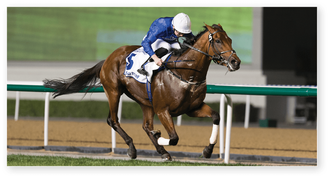 DUBAI, UNITED ARAB EMIRATES - MARCH 31: Oisin Murphy riding Benbatl wins the Dubai Turf during the Dubai World Cup Day at Meydan Racecourse on March 31, 2018 in Dubai, United Arab Emirates.